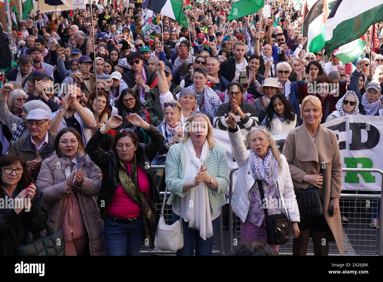 Stardust fire survivor Antoinette Keegan, (front second right) and other family members of victims and survivors, attend the national demonstration in support of Palestine, in Dublin. Picture date: Saturday April 20, 2024. Stock Photo