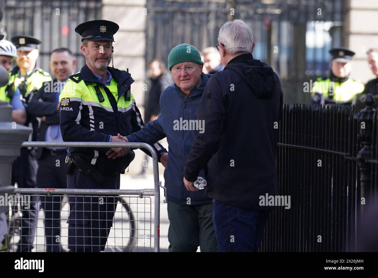 Singer song writer Christy Moore arrives to perform during a national demonstration in support of Palestine at a rally outside Leinster House in Dublin. Picture date: Saturday April 20, 2024. Stock Photo