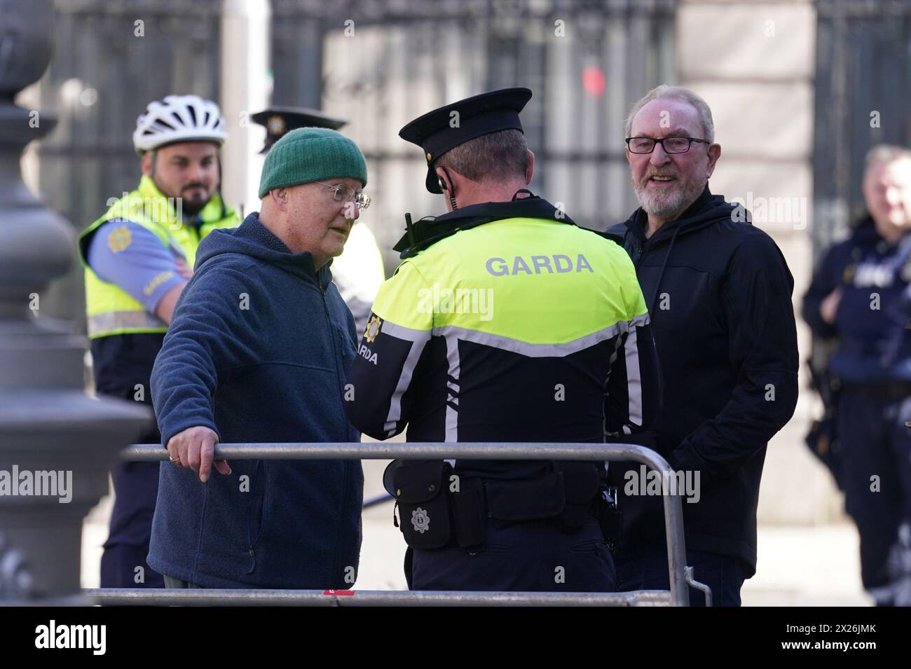 Singer song writer Christy Moore (left) arrives to perform during a national demonstration in support of Palestine at a rally outside Leinster House in Dublin. Picture date: Saturday April 20, 2024. Stock Photo