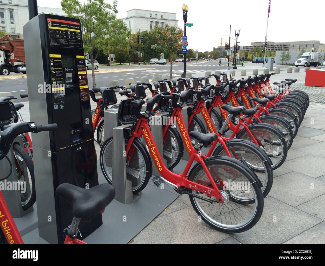 Washington, D.C., USA.  Public Bicycle Rental Pay Station and Bicycles ('Capital Bikeshare'). Stock Photo