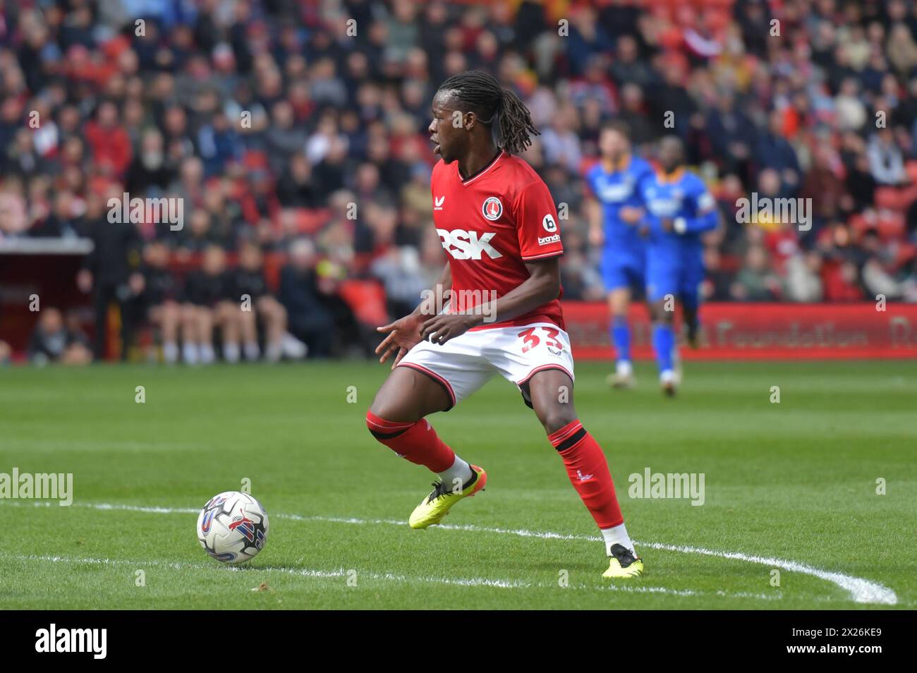 London, England. 20th Apr 2024. Karoy Anderson of Charlton Athletic during the Sky Bet EFL League One fixture between Charlton Athletic and Shrewsbury Town. Kyle Andrews/Alamy Live News Stock Photo