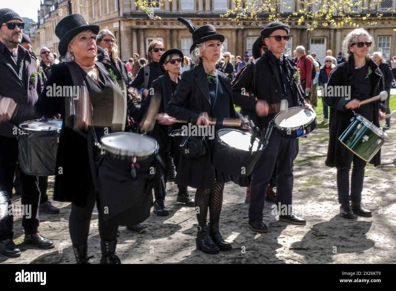 Bath, UK. 20th Apr, 2024. Extinction Rebellion hold a Funeral for Nature procession in the centre of Bath today. The Reb Rebels accompanied by drummers playing a funeral beat made their way through the city to highlight the plight of the environment. At about 400, this is the largest assembly of the Red Rebels ever. The group are raising awareness of the UK's status of being one of the most nature depleted countries in the world. Credit: JMF News/Alamy Live News Stock Photo