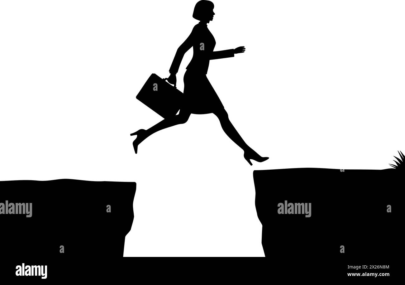 Businesswoman jumping Through The Gap Silhouette. Vector illustration Stock Vector