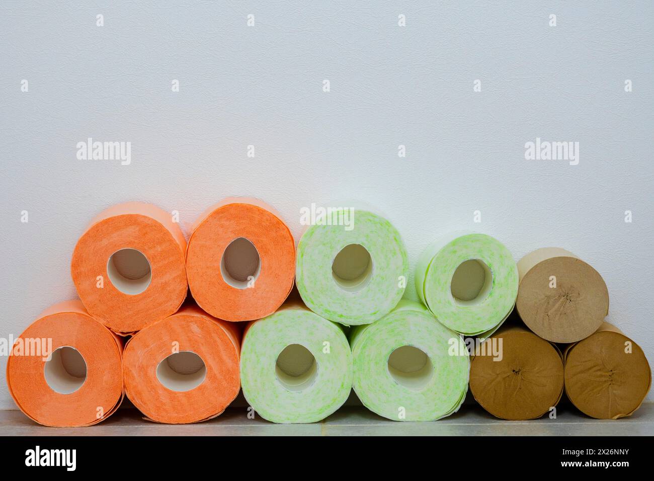 Different types of toilet paper. Rows of Toilet Coils. soft hygienic paper. Hygiene Concept. Copy space Stock Photo