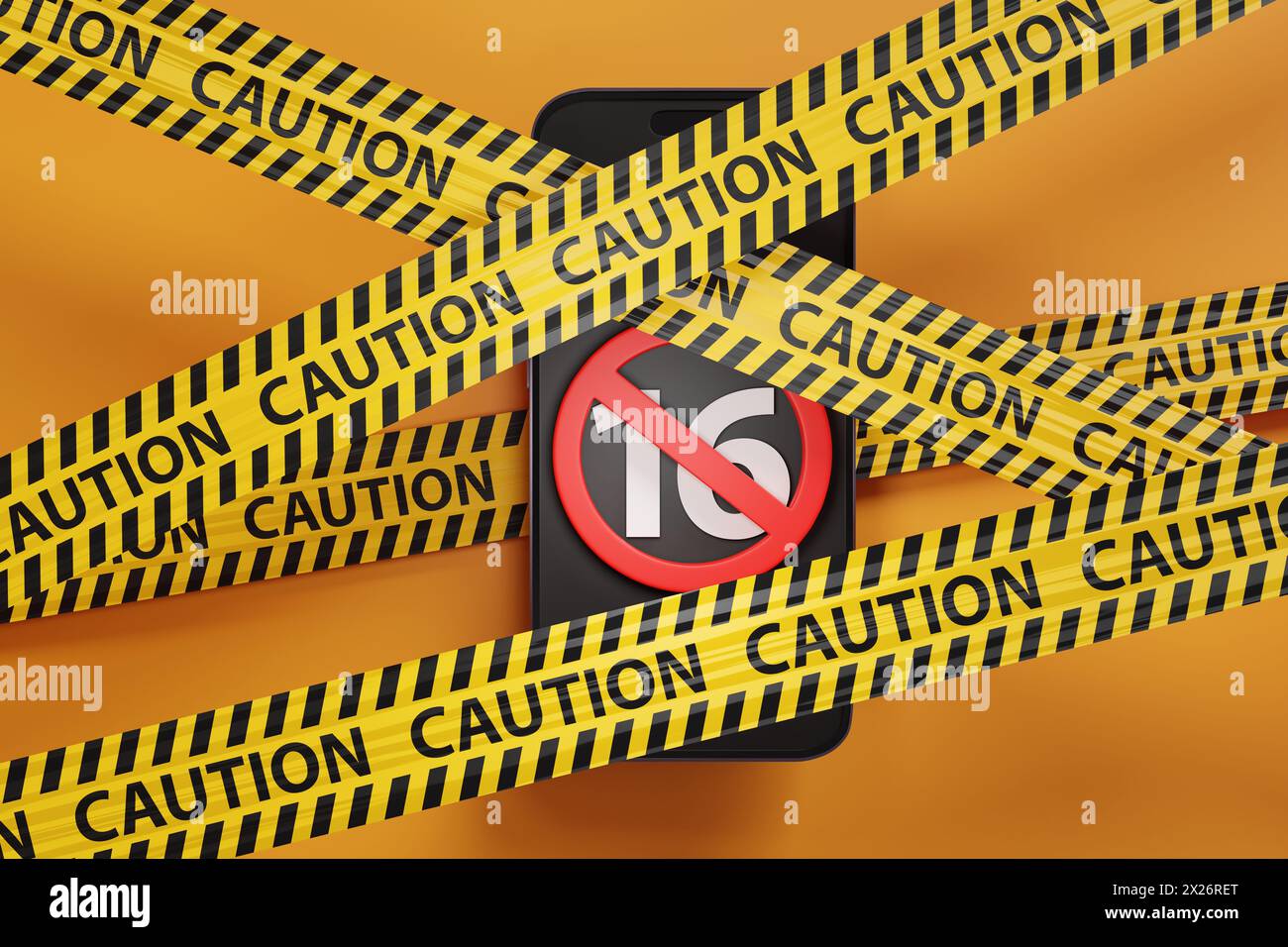Mobile phone showing the number 16 and red forbidden sign trapped ...