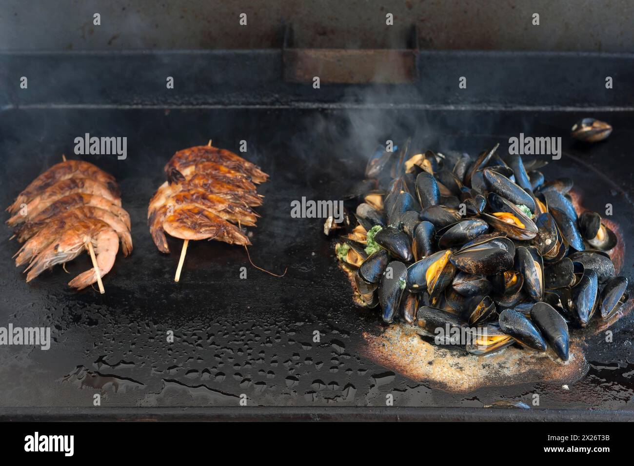 Mytilus (Mytilus edulis) are prepared on a gas barbecue on a plancha, left: prawns on a skewer, Vandee, France Stock Photo