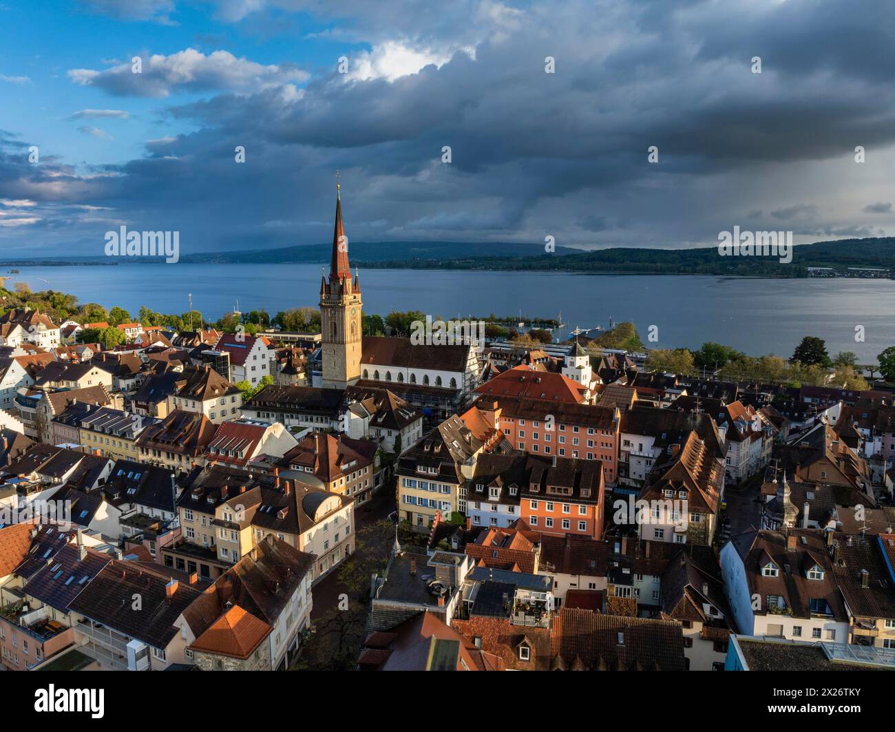 Aerial view of the town of Radolfzell on Lake Constance with the Radolfzell Minster in front of sunset, district of Constance, Baden-Wuerttemberg Stock Photo