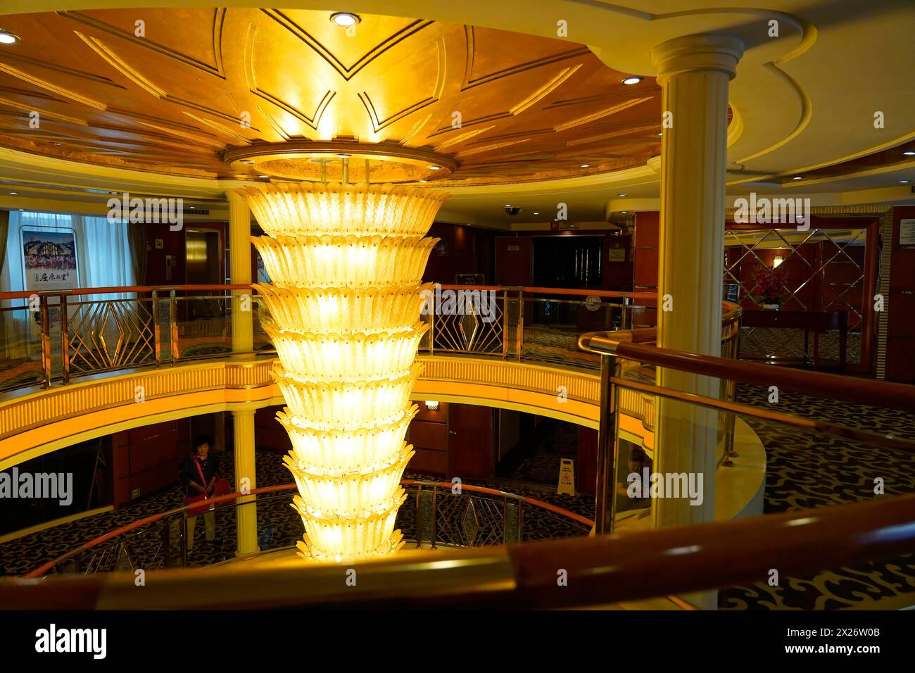 Cruise ship on the Yangtze River, Yichang, Hubei Province, China, Asia, An impressive chandelier above the opulent staircase of a cruise ship, Shangha Stock Photo
