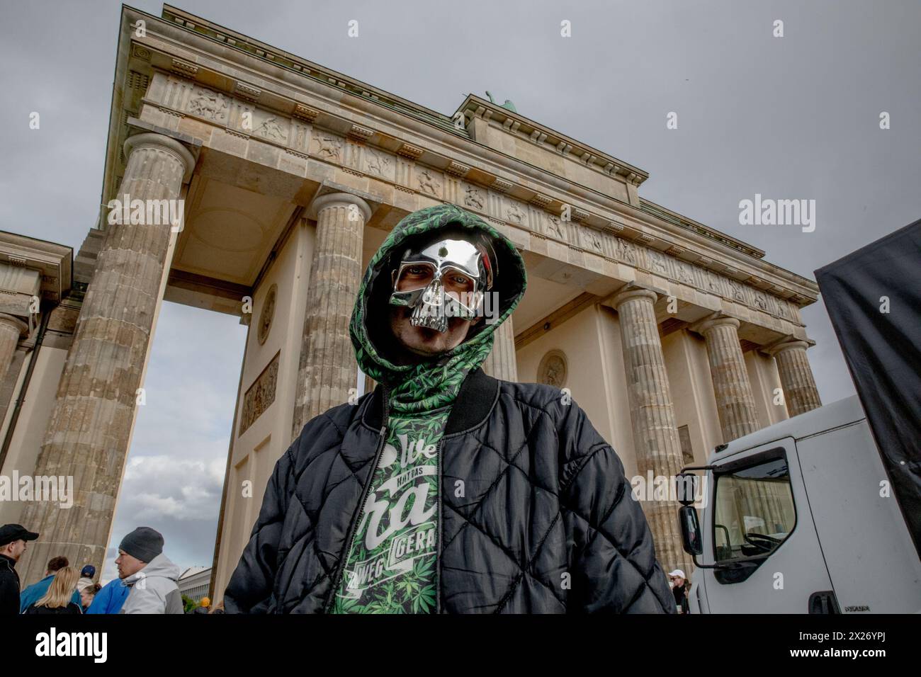 April 20, 2024, Berlin, Germany: People gathered at the Brandenburg Gate in Berlin on Saturday, April 20, 2024, to celebrate the first legal ''Smoke-In'' event, marking 420 Day, a date internationally recognized as a celebration of cannabis culture. Performances by notable acts such as Marsimoto, Green, Marvin Game, Ganjaman, and parts of Culcha Candela entertained the crowd, including prominent figures like Judge Andreas MÃ¼ller of Bernau District Court. MÃ¼ller, a well-known advocate for cannabis legalization, has been a visible proponent in the push for reform. Event organizers emphasized i Stock Photo