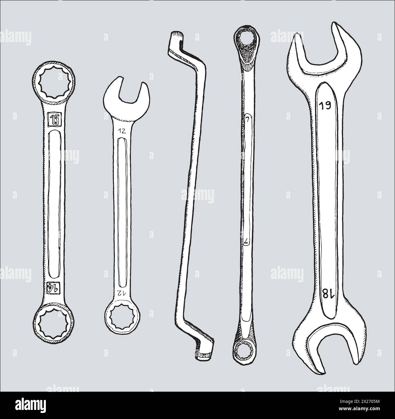 Hand-drawn woodworking tools digitized and isolated as a black line drawing with white fill Stock Vector