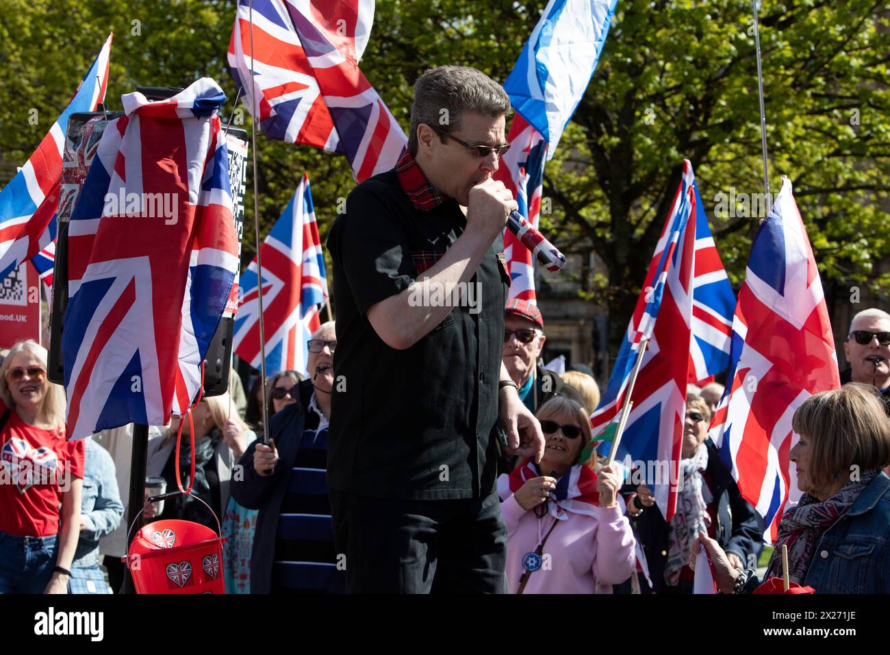 Glasgow, Scotland, 20 April 2024. A Force For Good founder Alistair McConnachie talking at rally. Believe in Scotland pro-Independence rally, with First Minister Humza Yousaf, of the Scottish National Party, in attendance, in Glasgow, Scotland, on 20 April 2024. Photo credit: Jeremy Sutton-Hibbert/ Alamy Live News. Stock Photo