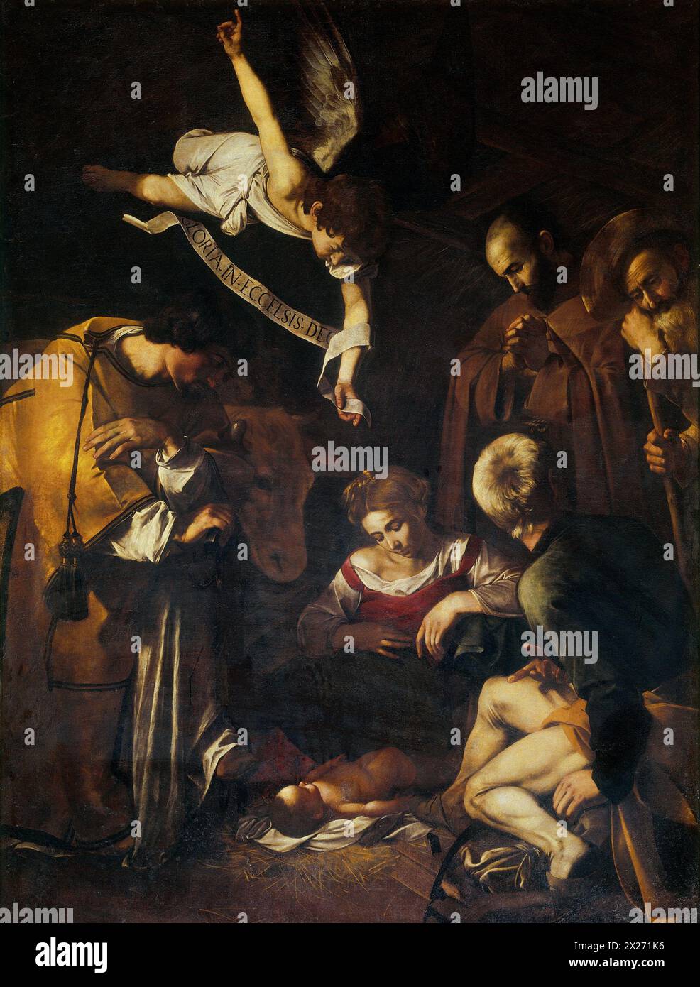 Nativity with St. Francis and St. Lawrence is a painting of the nativity of Jesus from 1609 by Italian painter Caravaggio. It has been missing since 1969 stolen Stock Photo
