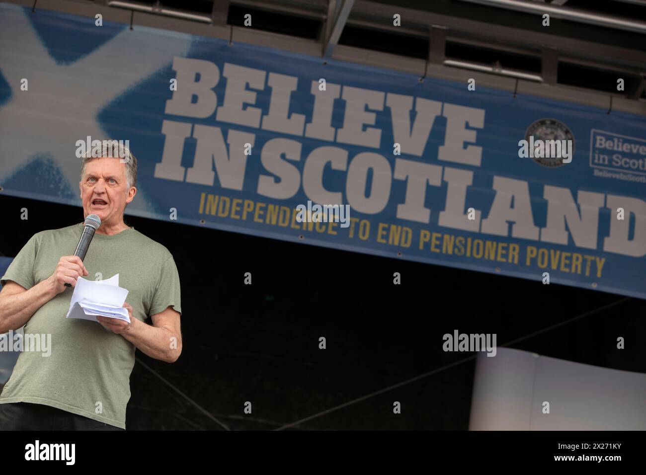 Glasgow, Scotland, 20 April 2024. Richie Venton - Trade Union Organiser, Scottish Socialist Party.  Believe in Scotland pro-Independence rally, with First Minister Humza Yousaf, of the Scottish National Party, in attendance, in Glasgow, Scotland, on 20 April 2024. Credit: Jeremy Sutton-Hibbert/ Alamy Live News. Stock Photo