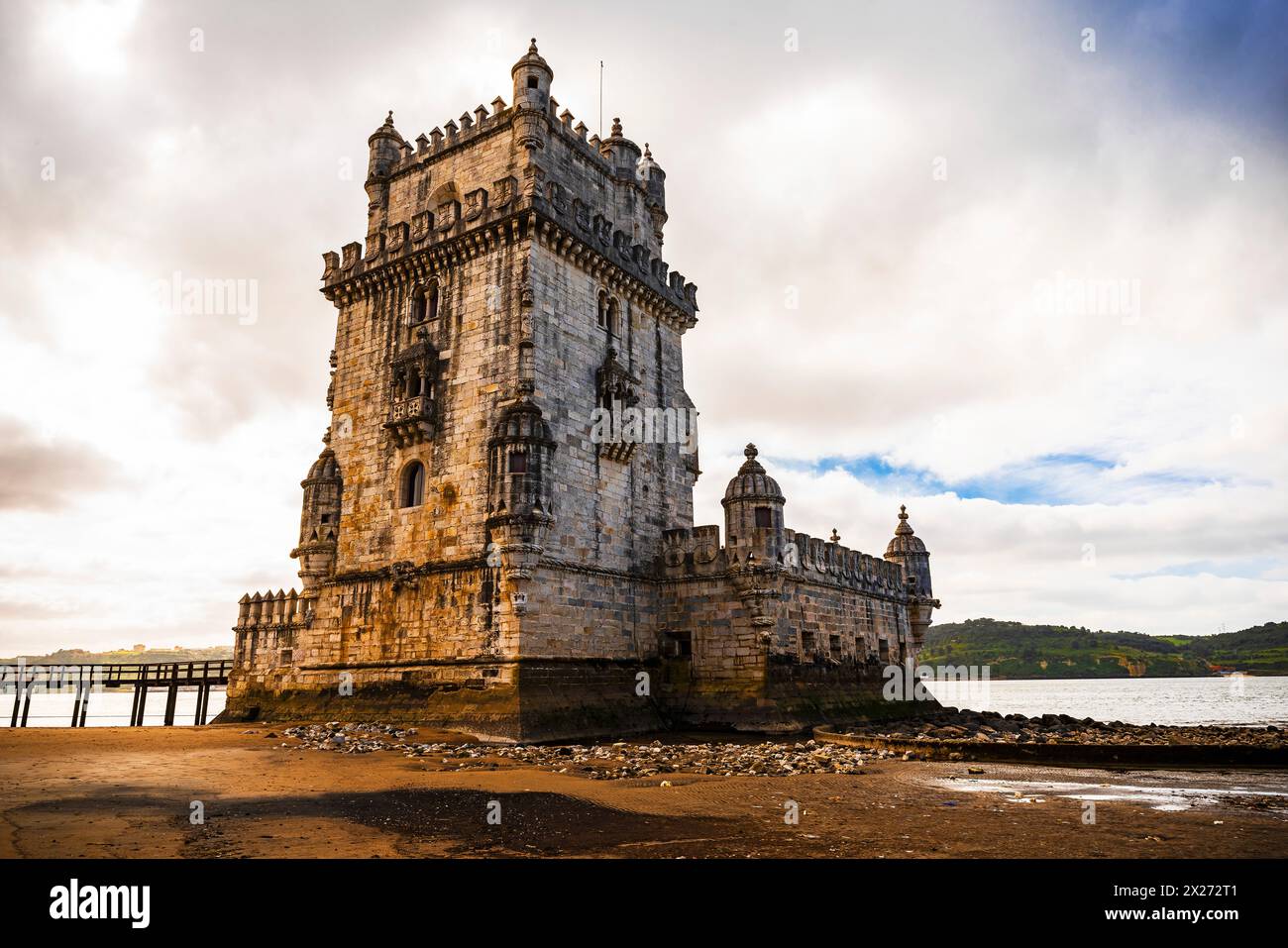 View of the famous tower of  Belem or Torre de Belem, Lisbon, Portugal. The Belém Tower was built between 1514 and 1520 in a Manuelino style by the Po Stock Photo