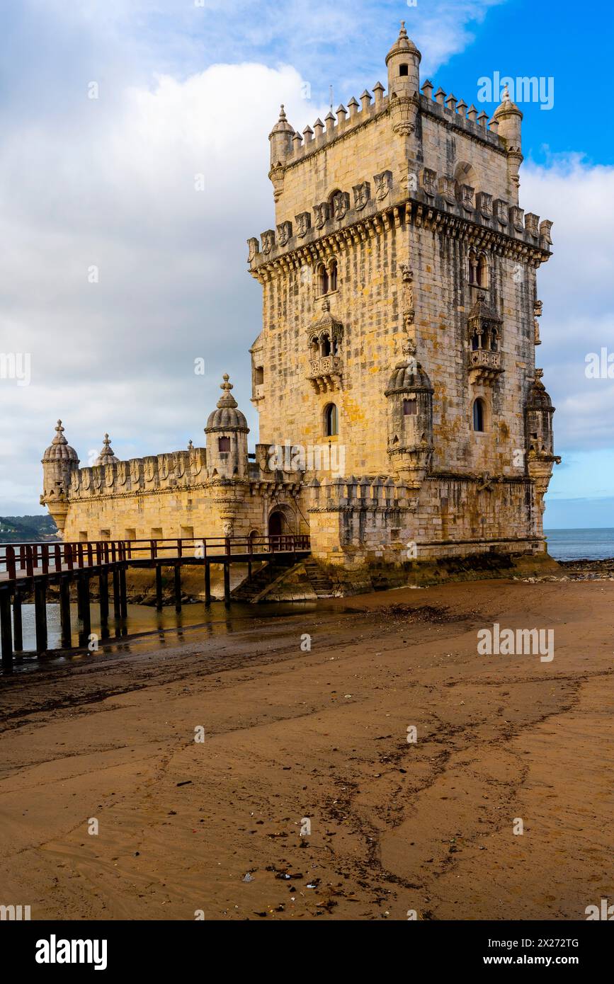 View of the famous tower of  Belem or Torre de Belem, Lisbon, Portugal. The Belém Tower was built between 1514 and 1520 in a Manuelino style by the Po Stock Photo