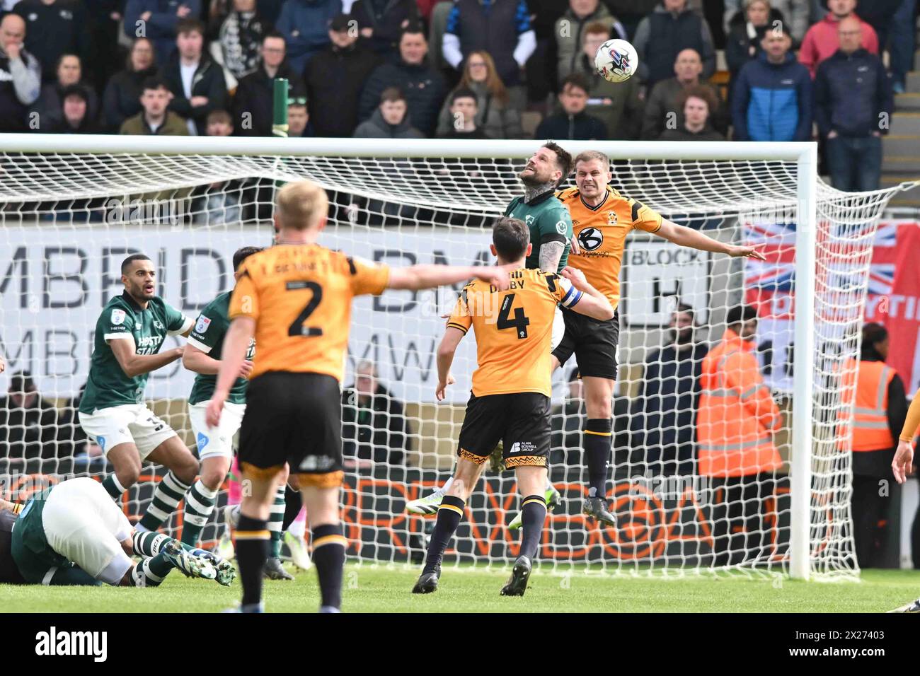 Sonny Bradley (5 Derby) and Ryan Bennett (6 Cambridge United) challenge for the ball during the Sky Bet League 1 match between Cambridge United and Derby County at the Cledara Abbey Stadium, Cambridge on Saturday 20th April 2024. (Photo: Kevin Hodgson | MI News) Credit: MI News & Sport /Alamy Live News Stock Photo