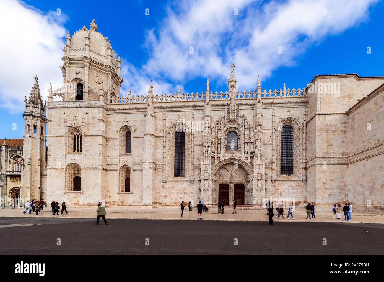 View of Jerónimos Monastery, parish of Belém in Lisbon. The Jerónimos Monastery is one of the finest examples of the late Gothic Manueline style of ar Stock Photo