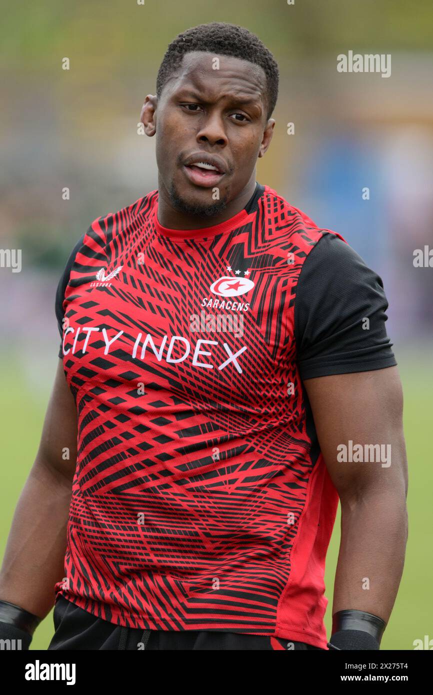 Mary Itoje of Saracens during the warm up at the Gallagher Premiership Rugby match between Saracens and Gloucester at the StoneX Stadium, London, England on 20 April 2024. Photo by Phil Hutchinson. Editorial use only, license required for commercial use. No use in betting, games or a single club/league/player publications. Credit: UK Sports Pics Ltd/Alamy Live News Stock Photo