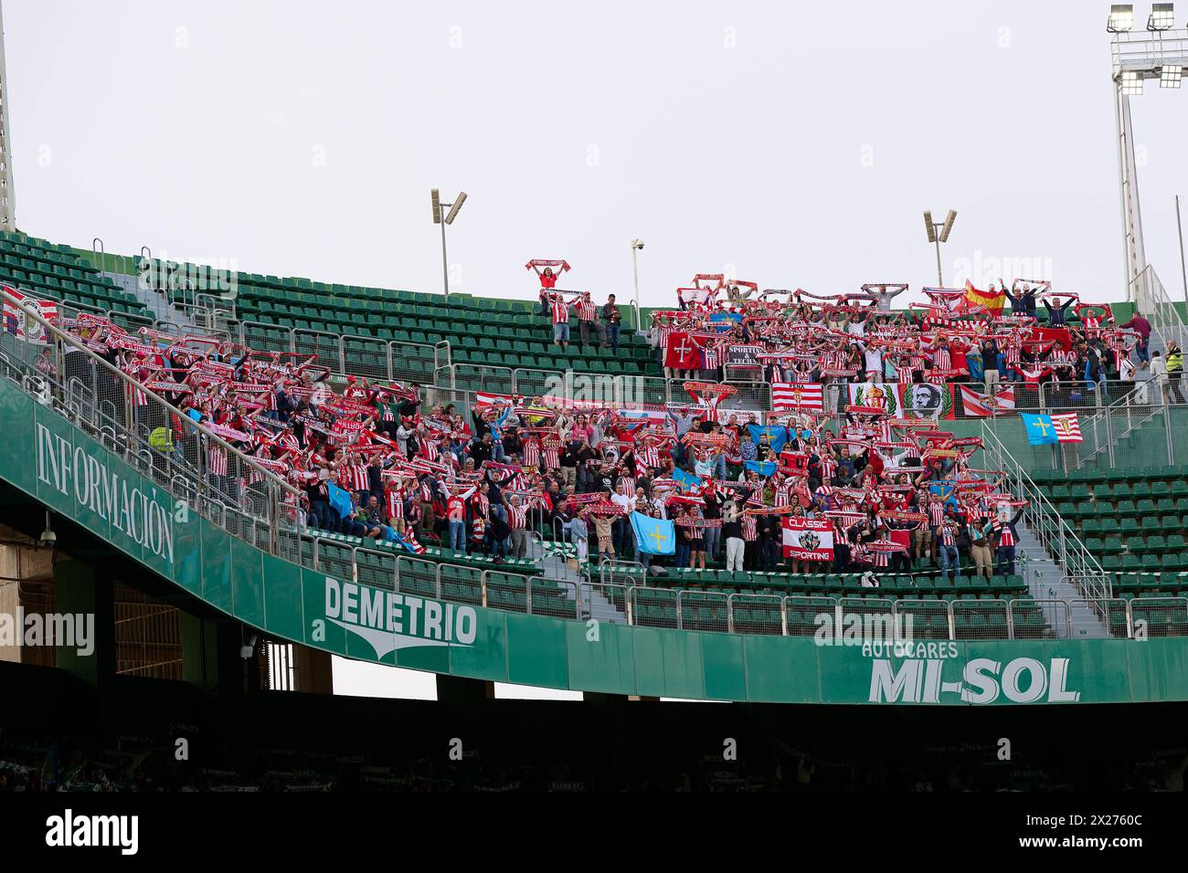 Elche, Spain. 20th Apr, 2024. ELCHE, SPAIN - APRIL 20: Fans of Real Sporting de Gijon during the LaLiga Hypermotion match between Elche CF and Real Sporting de Gijon at Manuel Martinez Valero Stadium, on April 20, 2024 in Elche, Spain. (Photo By Francisco Macia/Photo Players Images) Credit: Magara Press SL/Alamy Live News Stock Photo