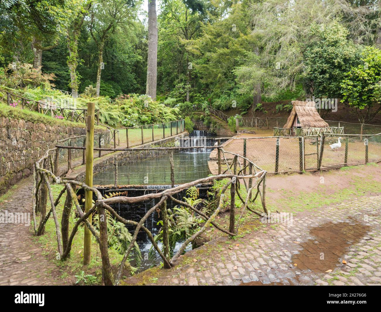 Traditional house on the duck pond at Parque das Queimadas, the starting point of Levada Caldeirao Verde and Caldeirao do Inferno footpaths. Stock Photo