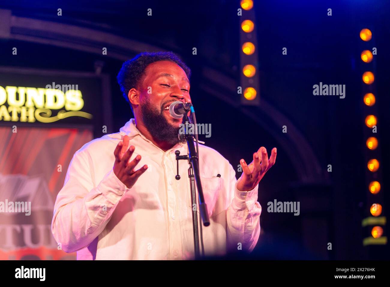 Kings Heath, Birmingham, UK. 20th Apr, 2024. Spoken word poet Ryan Dre Sinclair performs as part of the BLACK SOUND, SONG AND SOMA. DEEPING IT: A LIVE EXPERIENCE at the Heath Bookshop Literature and Music Festival, Kings Heath, Birmingham, UK Credit: Peter Lopeman/Alamy Live News Stock Photo