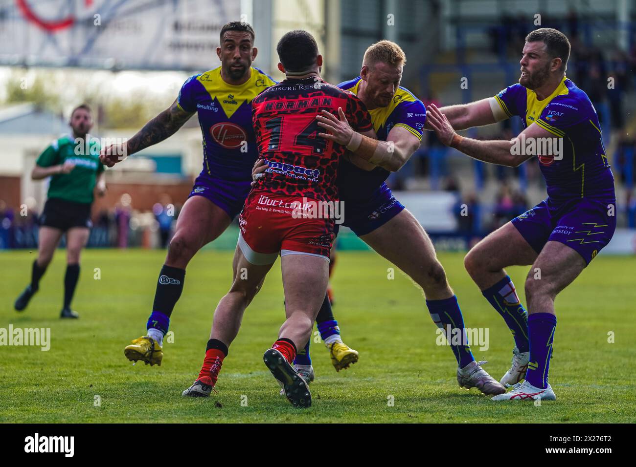 Warrington,  Cheshire, UK. 20th April, 2024. Super League Rugby: Warrington Wolves Vs Leigh Leopards at The Halliwell Jones Stadium. Dan Norman getting tackled by Paul Vaughn & Lachlan Fitzgibbon. Credit James Giblin/Alamy Live News. Stock Photo