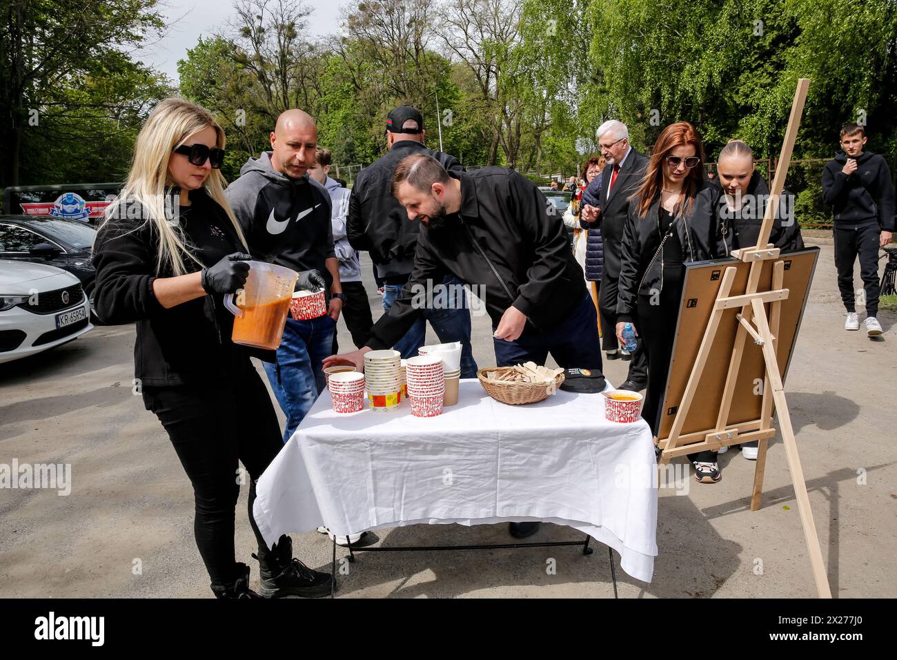 Przemysl, Poland. 20th Apr, 2024. Volunteers of World Central Kitchen give symbolic cup of soup after the funeral of Damian Sobol, a volunteer for World Central Kitchen, who was killed in an Israeli attack on Gaza Strip, while delivering humanitarian aid to the civilian population in Przemy?l, Poland on April 20, 2024. The volunteer was Killen on April 1, together with 6 other volunteers. (Photo by Dominika Zarzycka/Sipa USA) Credit: Sipa USA/Alamy Live News Stock Photo