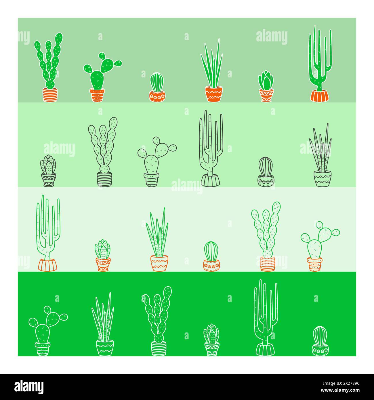 Vector illustration. Collection of cacti in flat style. Line art, Icon ...