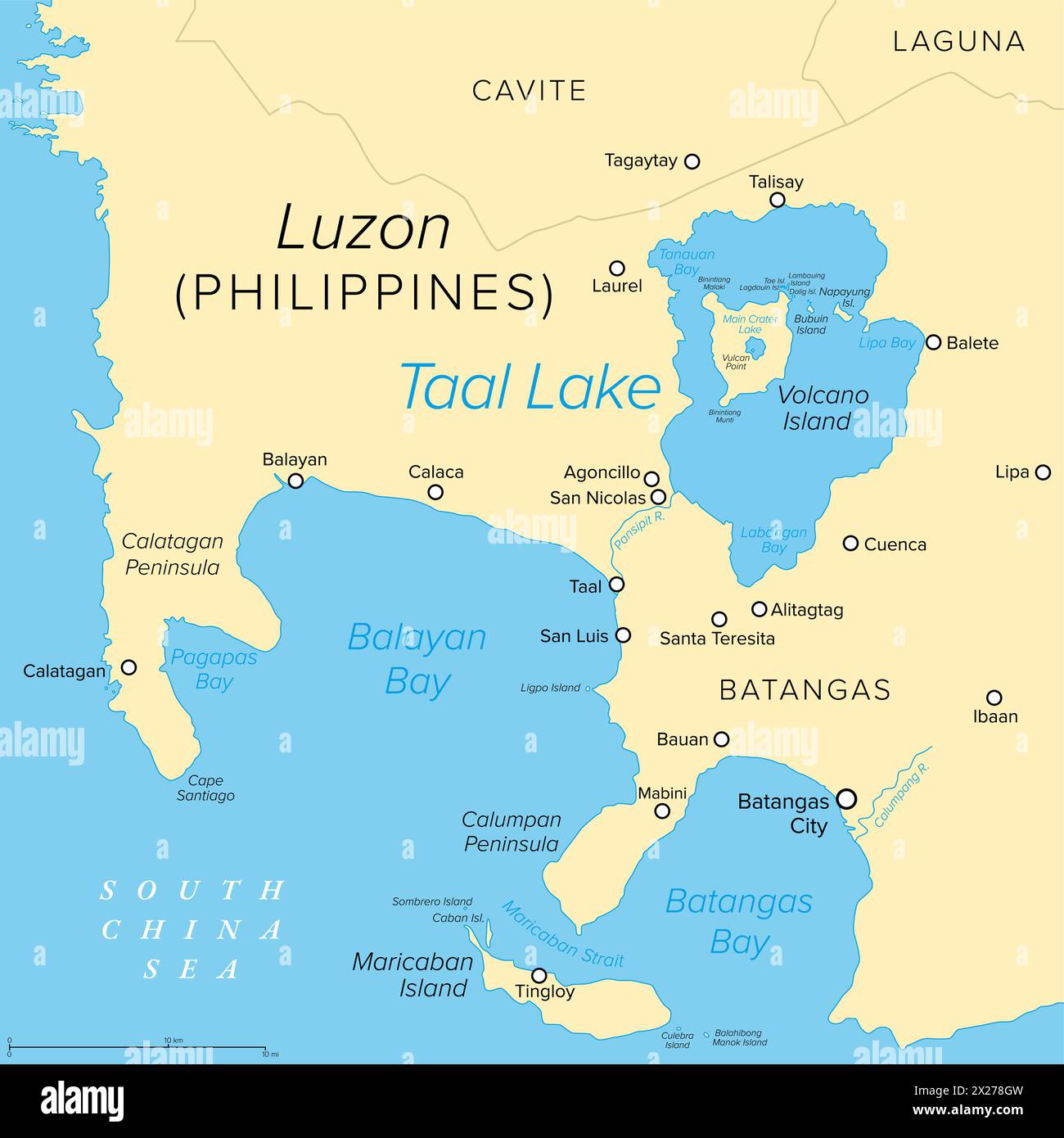 Taal Lake, on the island of Luzon in the Philippines, political map. Freshwater caldera lake in Batangas province, which fills Taal Volcano. Stock Photo