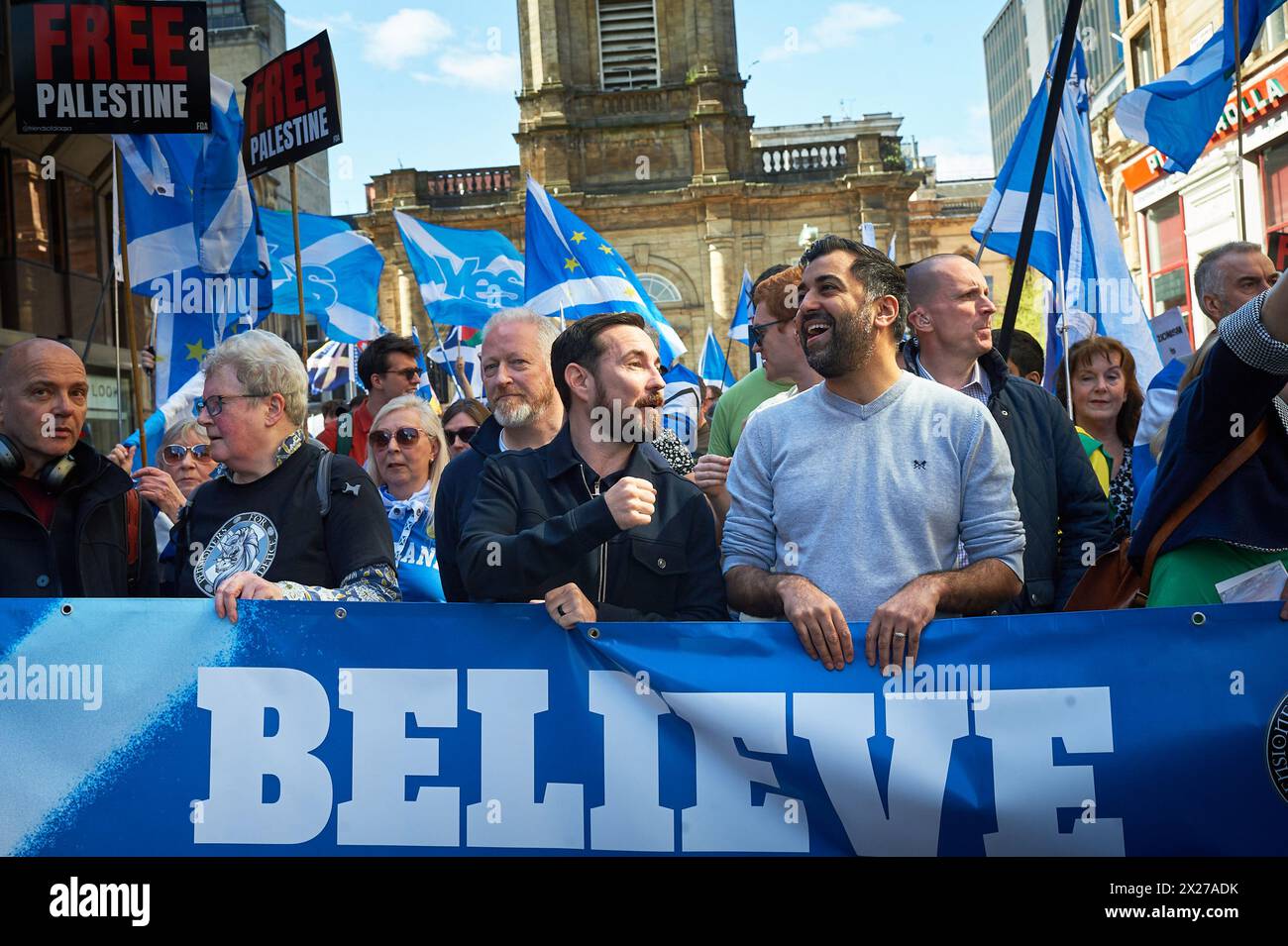 Glasgow Scotland, UK 20 April 2024.  March and Rally for an Independent Scotland goes through the city to George Square with speakers including the First Minister of Scotland Humza Yousaf.  credit sst/alamy live news Stock Photo
