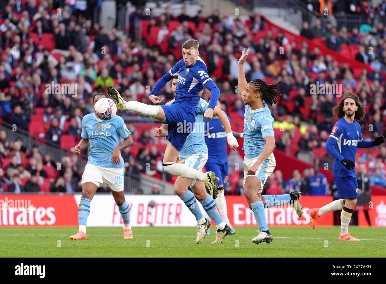 Chelsea's Cole Palmer attempts a shot on goal during the Emirates FA Cup semi-final match at Wembley Stadium, London. Picture date: Saturday April 20, 2024. Stock Photo