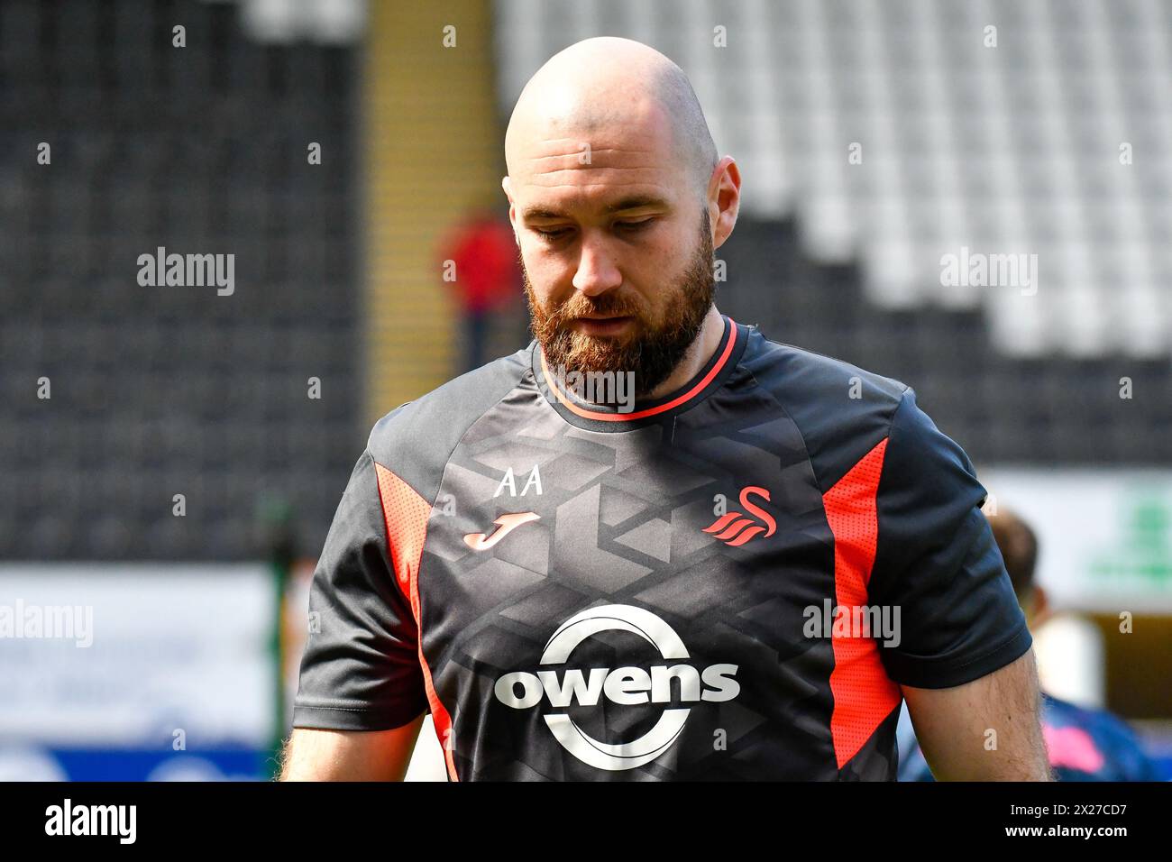 Swansea, Wales. 20 April 2024. Alun Andrews Swansea City Academy Physical Development Coach during the pre-match warm-up before the Under 21 Professional Development League match between Swansea City and Bristol City at the Swansea.com Stadium in Swansea, Wales, UK on 20 April 2024. Credit: Duncan Thomas/Majestic Media/Alamy Live News. Stock Photo
