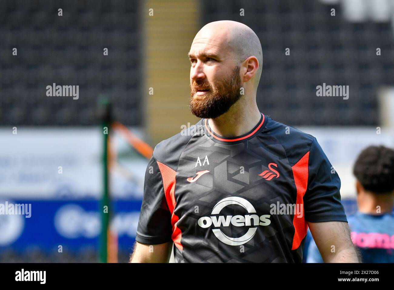 Swansea, Wales. 20 April 2024. Alun Andrews Swansea City Academy Physical Development Coach during the pre-match warm-up before the Under 21 Professional Development League match between Swansea City and Bristol City at the Swansea.com Stadium in Swansea, Wales, UK on 20 April 2024. Credit: Duncan Thomas/Majestic Media/Alamy Live News. Stock Photo