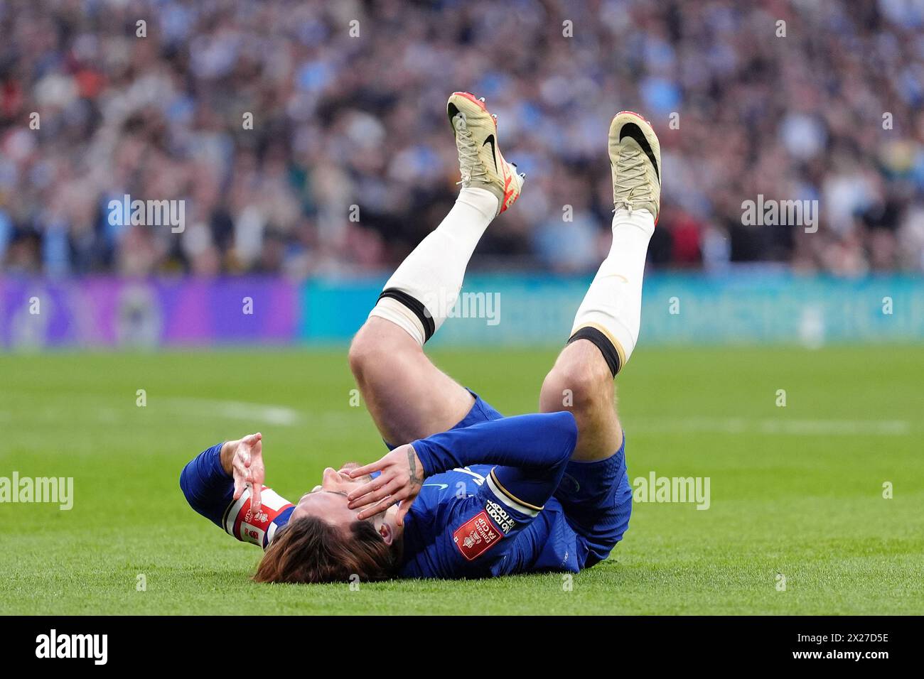 Chelsea's Ben Chilwell reacts during the Emirates FA Cup semi-final match at Wembley Stadium, London. Picture date: Saturday April 20, 2024. Stock Photo