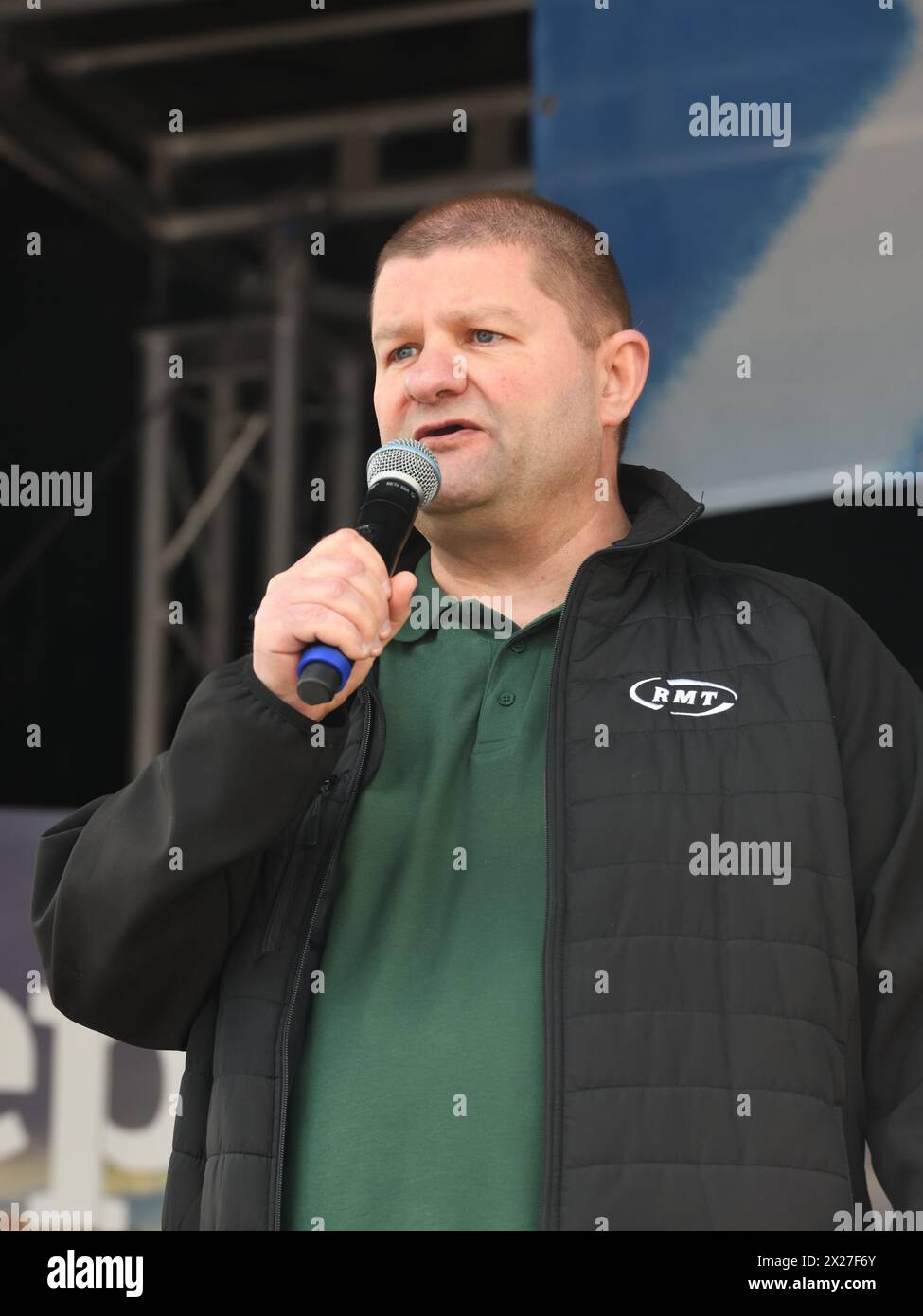 20th,April, 2024. George Square, Glasgow, Scotland. RMT regional organiser Gordon Martin speaks at the Pensioners for Independence/Believe in Scotland march and rally in Glasgow. Credit. Douglas Carr/Alamy Live News Stock Photo