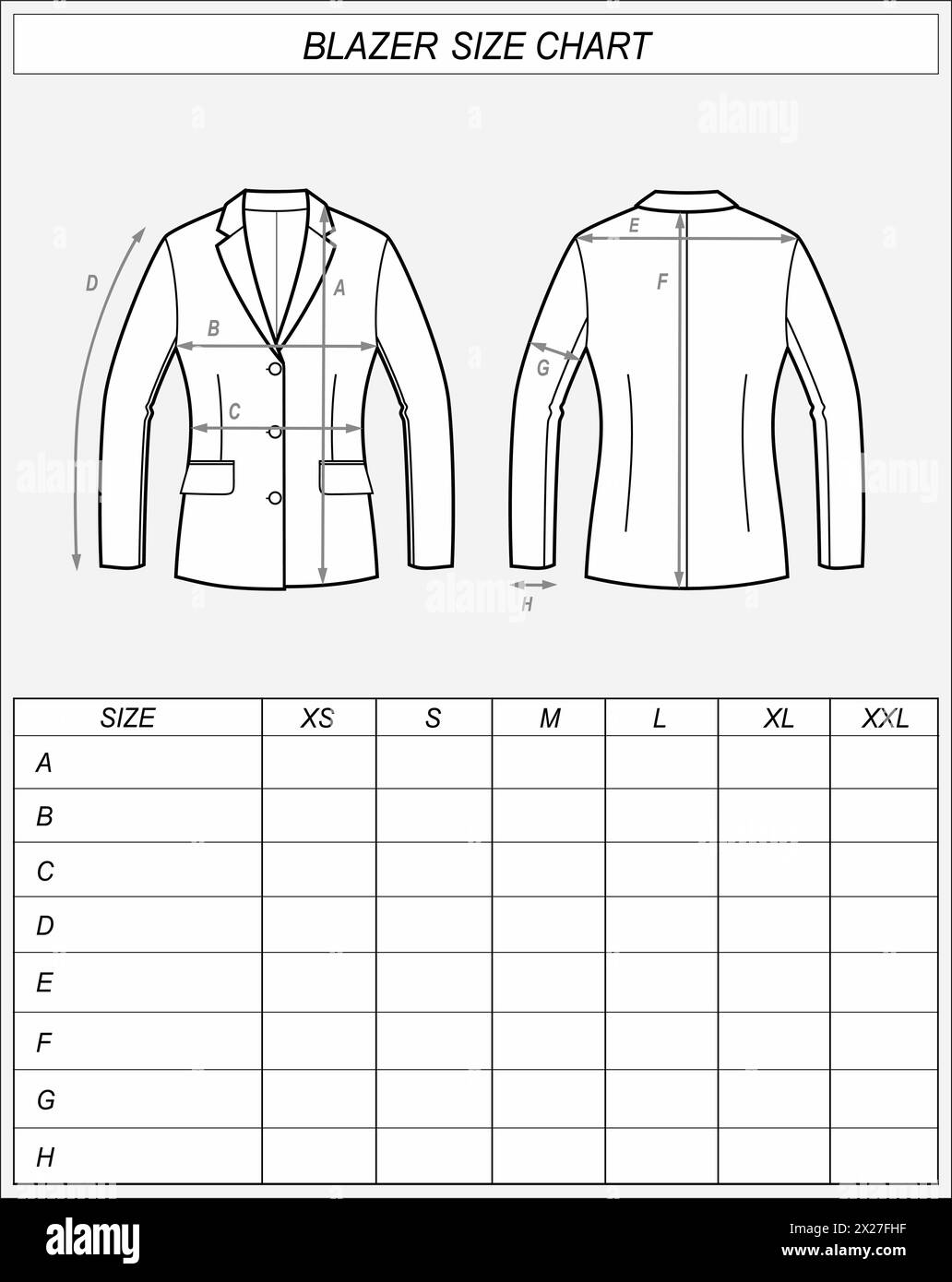 Blazer size chart. Business jacket front and back sketch. Clothing