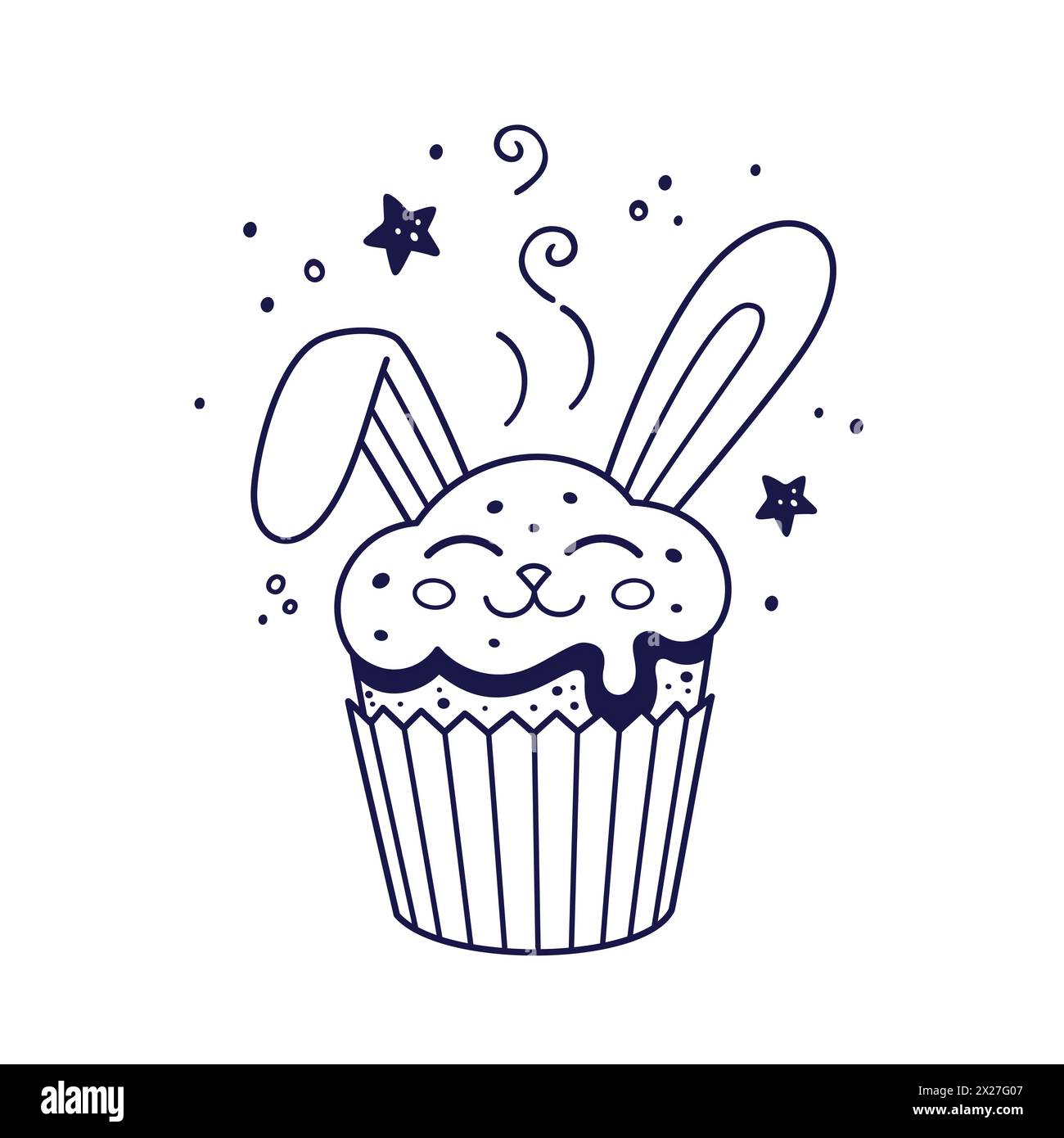 Easter cake with cream rabbit ear in cartoon style. Easter pastry with bunny ears. Doodle style. Hand drawn line art illustration isolated on white background. Kids Coloring book. Stock Vector