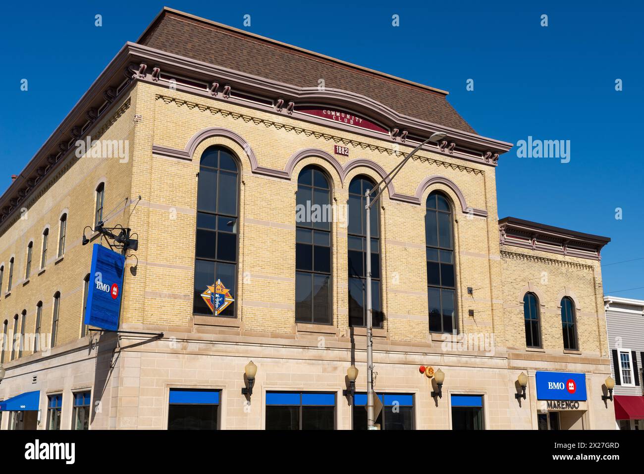 Marengo, Illinois - United States - April 8th, 2024: Exterior of downtown bank building in Marengo, Illinois, USA. Stock Photo