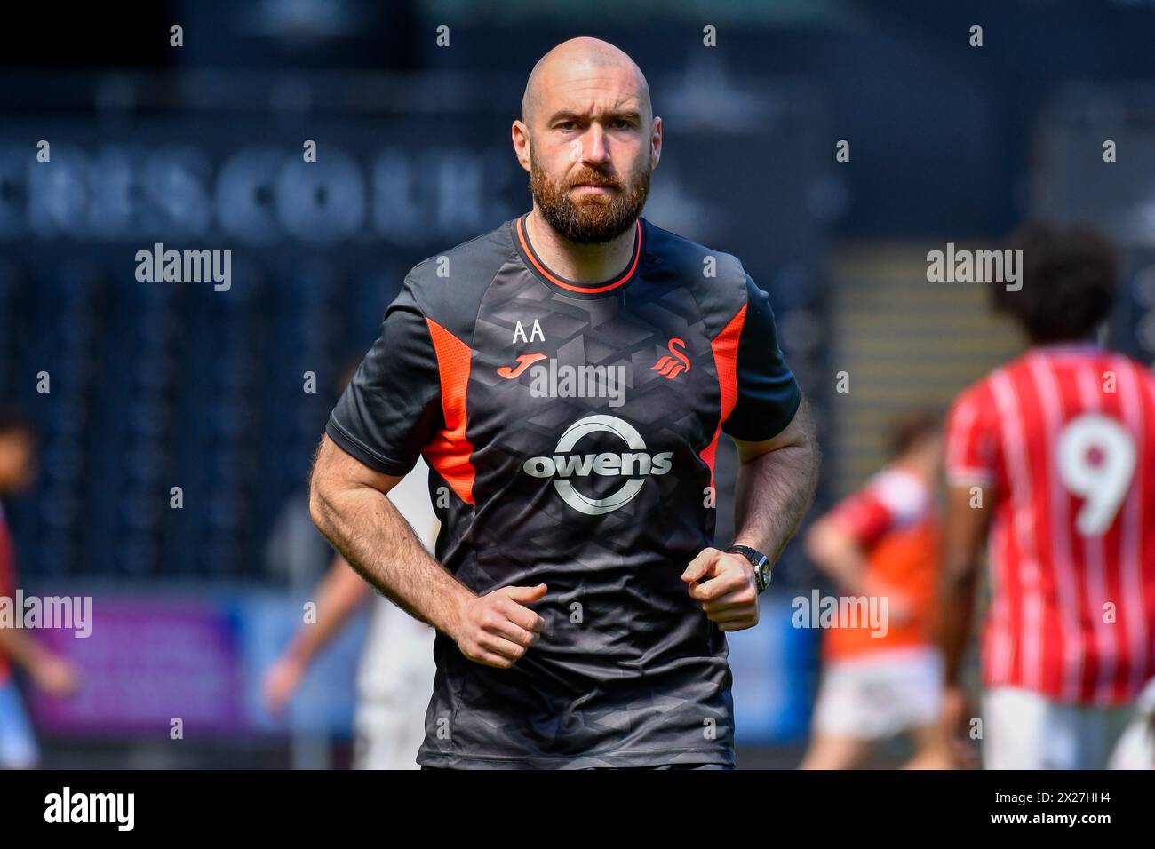 Swansea, Wales. 20 April 2024. Alun Andrews Swansea City Academy Physical Development Coach at half time during the Under 21 Professional Development League match between Swansea City and Bristol City at the Swansea.com Stadium in Swansea, Wales, UK on 20 April 2024. Credit: Duncan Thomas/Majestic Media/Alamy Live News. Stock Photo
