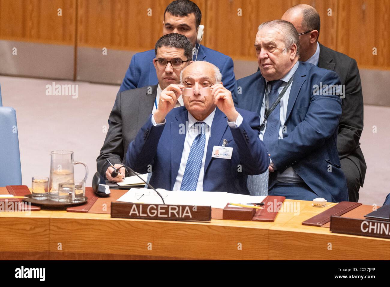 Ahmed Attaf, Minister for Foreign Affairs and National Community Abroad of Algeria attends SC meeting on Palestinian question and aqusations against UNRWA at UN Headquarters in New York on April 17, 2024 Stock Photo