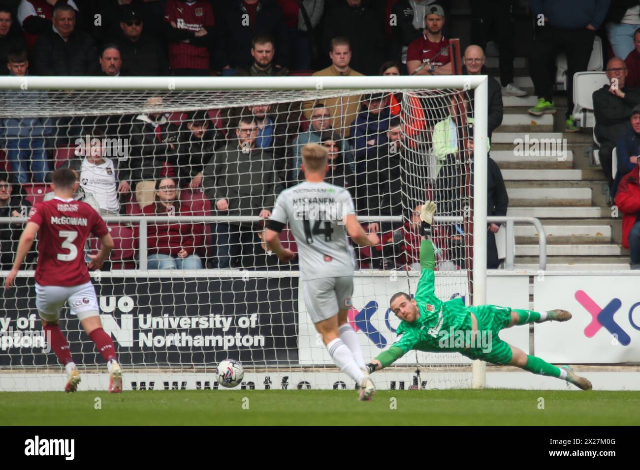 Northampton 20 April 2022:Northampton Town's Lee Burge is beaten by a shot from Exeter City's Luke Harris for Exter to take a 1-0 lead in the EFL Division 1 Northampton Town v Exeter City Credit: Clive Stapleton/Alamy Live News Stock Photo