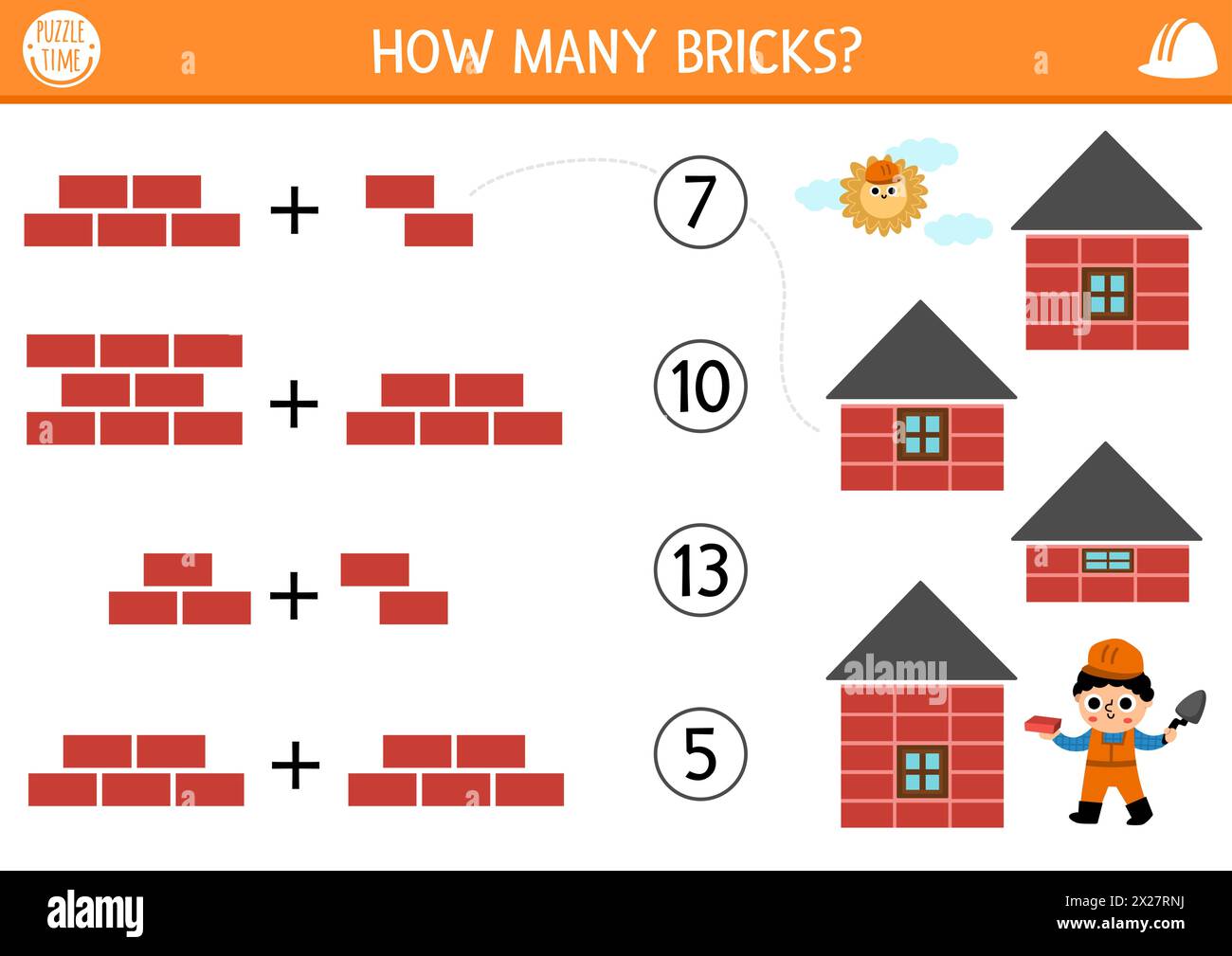 Match the numbers construction site game with builder and buildings. Math activity for preschool kids with worker. Educational counting worksheet. How Stock Vector