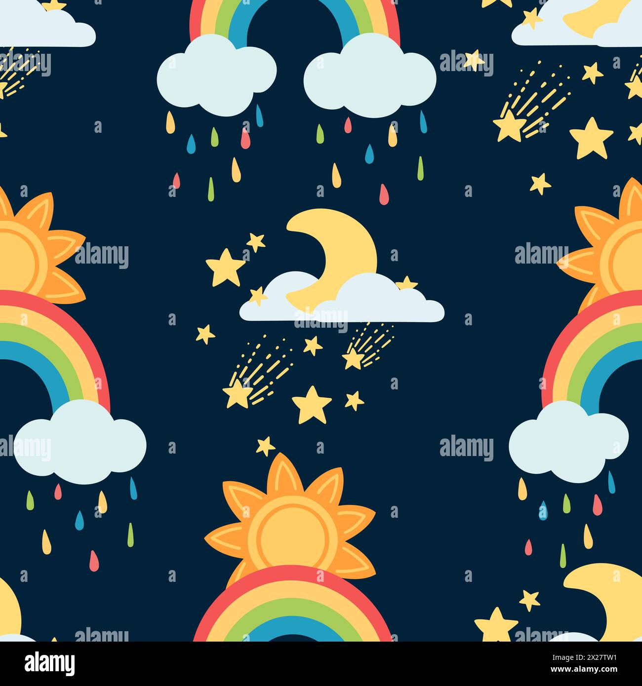 Seamless pattern of weather rainbow sun moon and clouds vector ...
