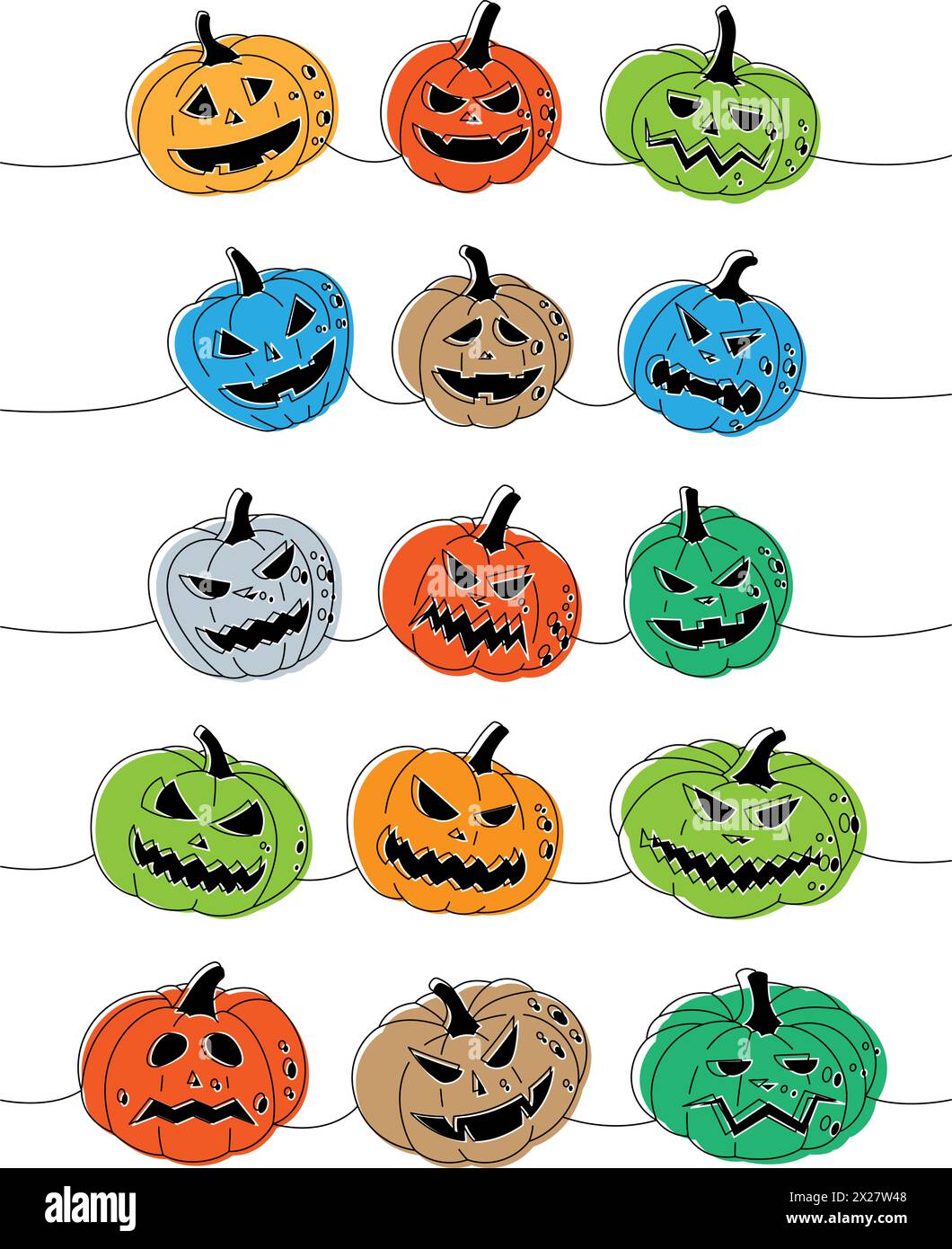 Autumn pumpkins faces. Pumpkins with scary faces one line colored ...