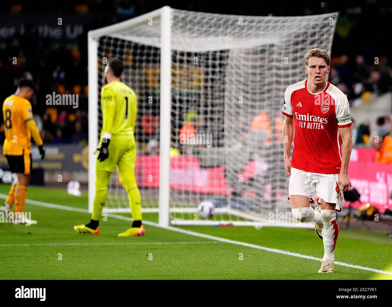 Arsenal's Martin Odegaard celebrates scoring their side's second goal of the game during the Premier League match at Molineux Stadium, Wolverhampton. Picture date: Saturday April 20, 2024. Stock Photo