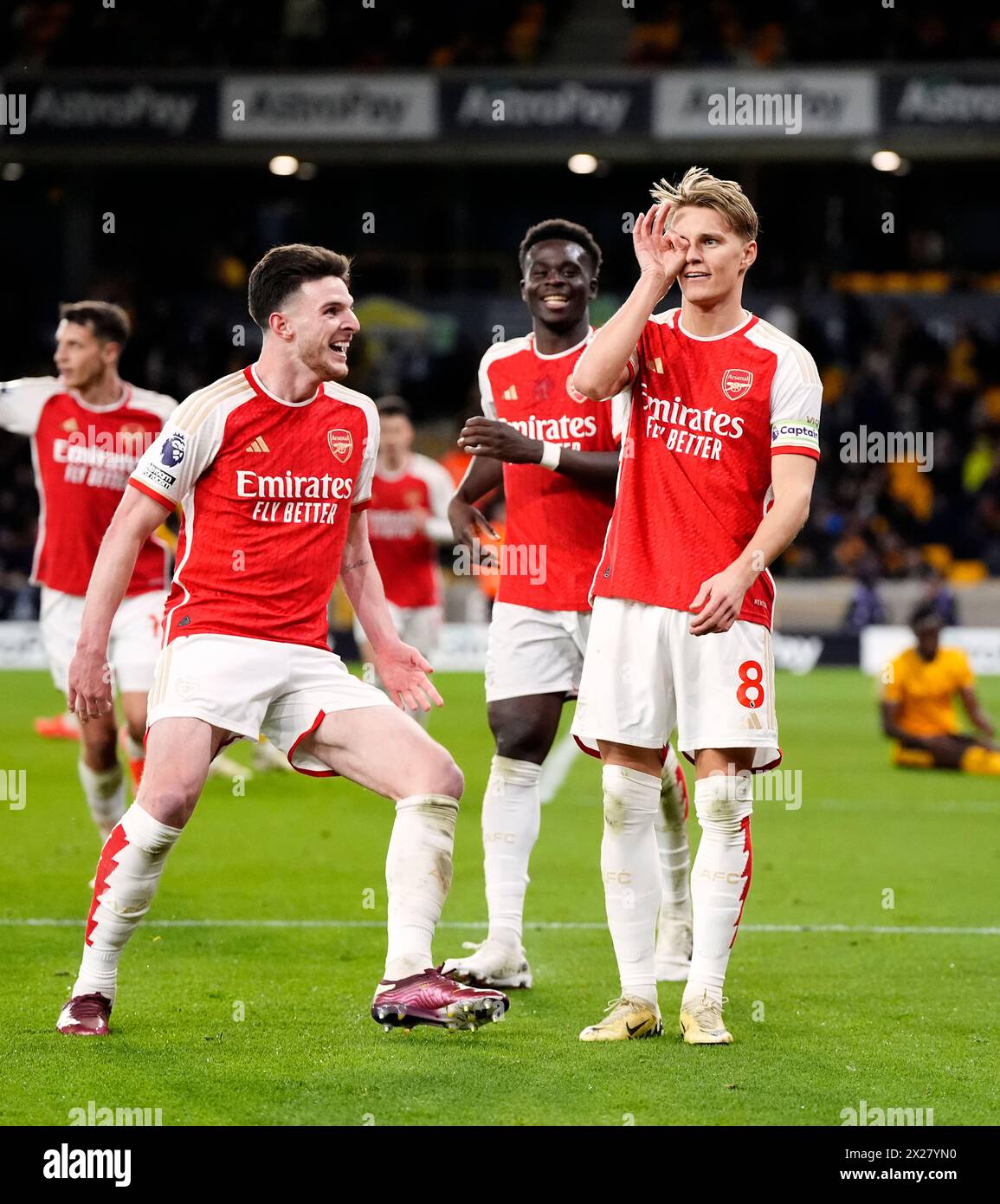 Arsenal's Martin Odegaard celebrates scoring their side's second goal of the game during the Premier League match at Molineux Stadium, Wolverhampton. Picture date: Saturday April 20, 2024. Stock Photo