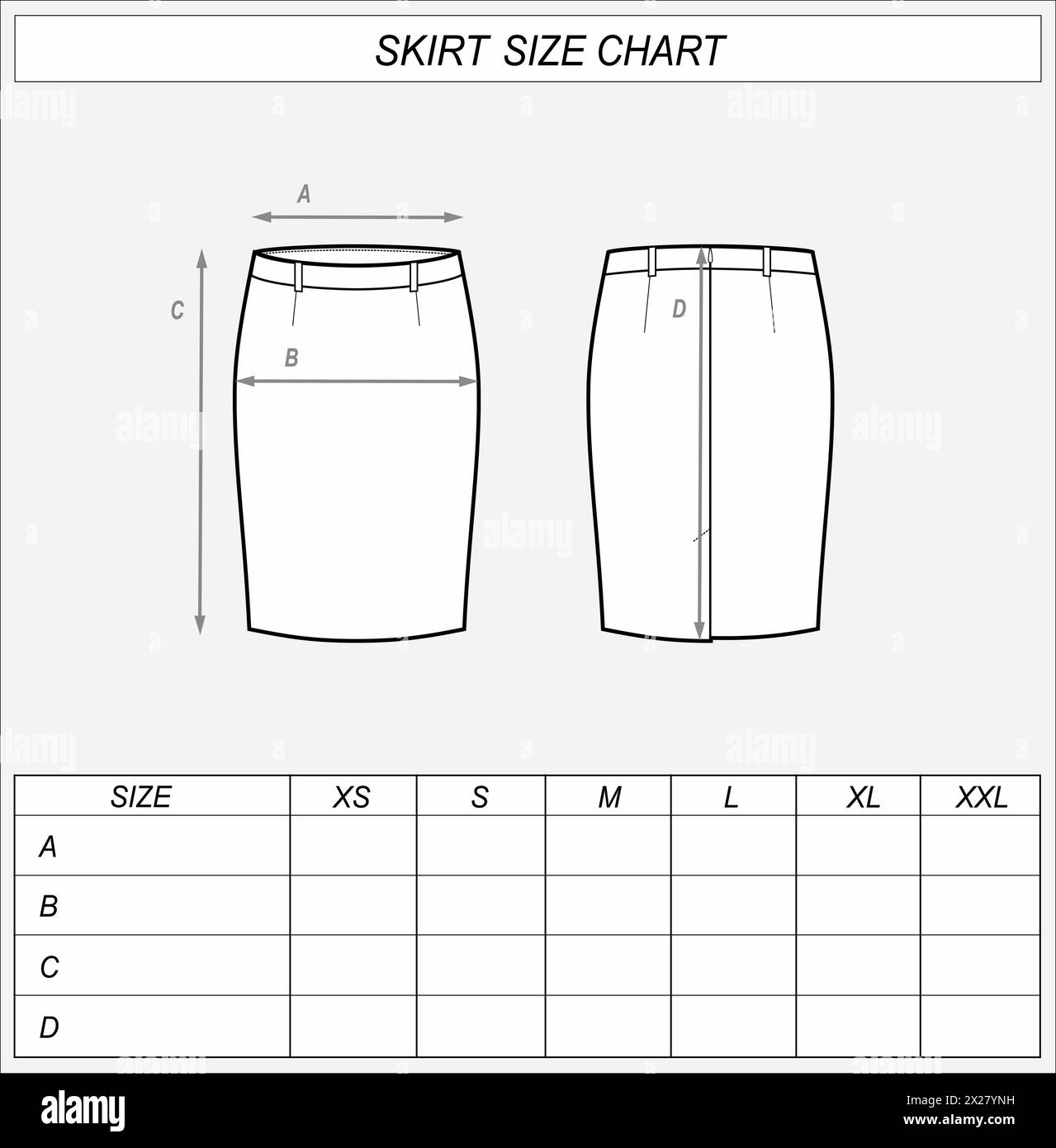 Business skirt size chart. Classic wear front and back sketch. Clothing