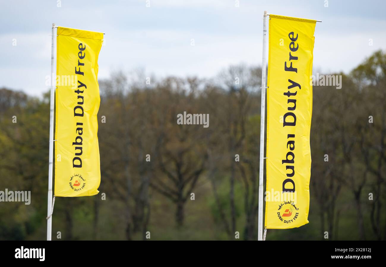 The Banners of the Dubai Duty Free sponsor at Newbury Racecourse on Spring Trials Saturday, Saturday 20th April 2024. Stock Photo