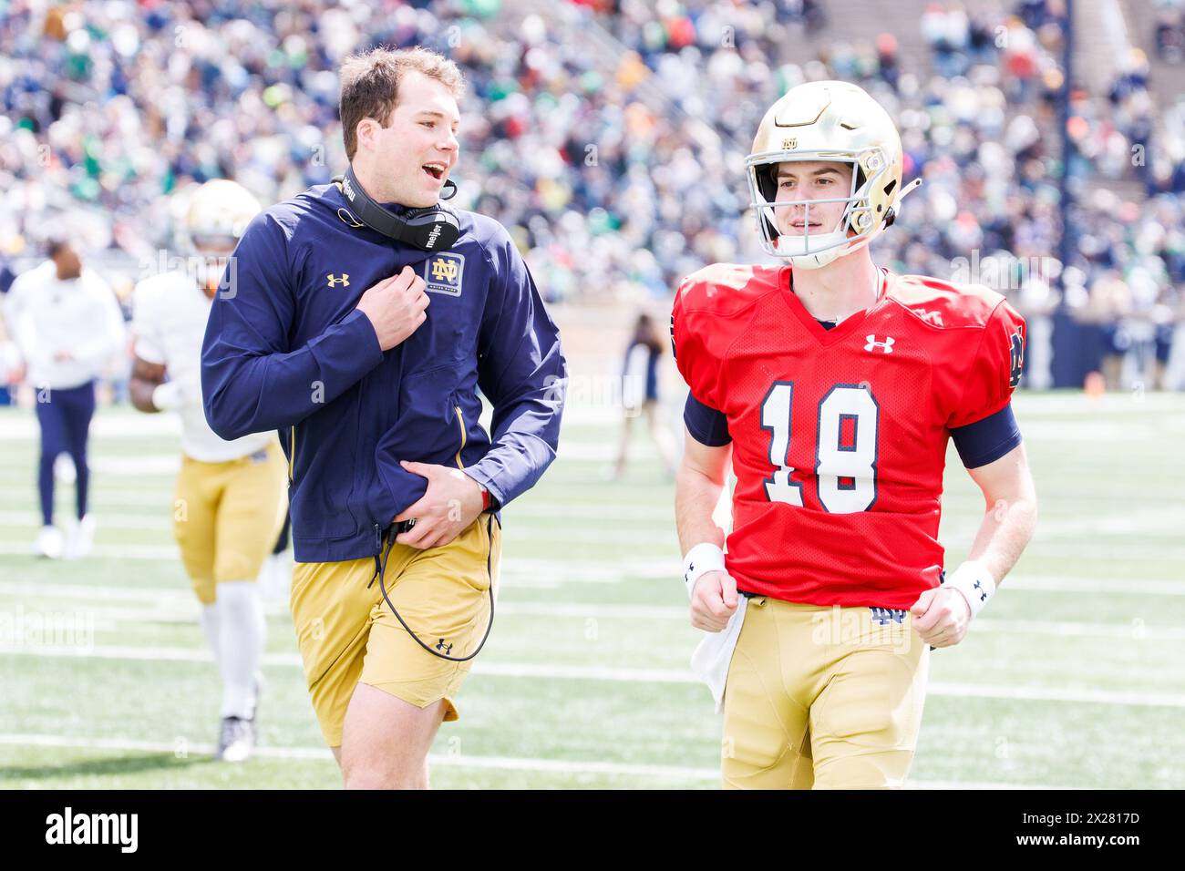 South Bend, Indiana, USA. 20th Apr, 2025. Notre Dame quarterback Riley