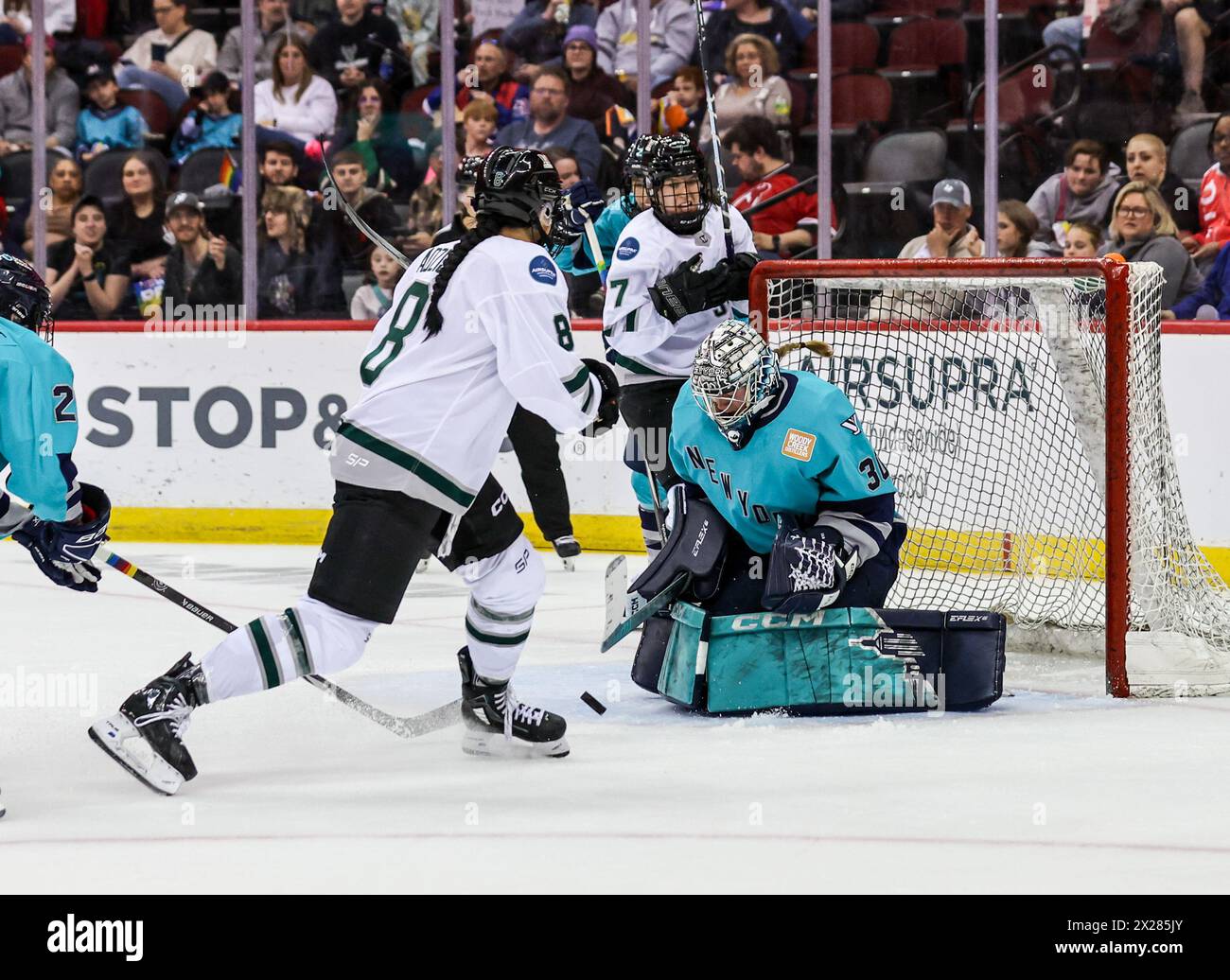 Newark, NJ, USA. 20th Apr, 2024. New York goalie Corrine Schroeder (30) makes a pad save during the PWHL game between Boston and New York at the Prudential Center in Newark, NJ. Mike Langish/CSM (Credit Image: © Mike Langish/Cal Sport Media) (Credit Image: © Mike Langish/Cal Sport Media). Credit: csm/Alamy Live News Stock Photo